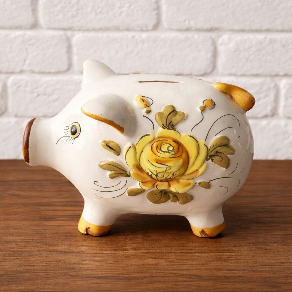 Italian Ceramic Piggy Bank Hand Painted Rose Made Italy Bassano MCM Excellent